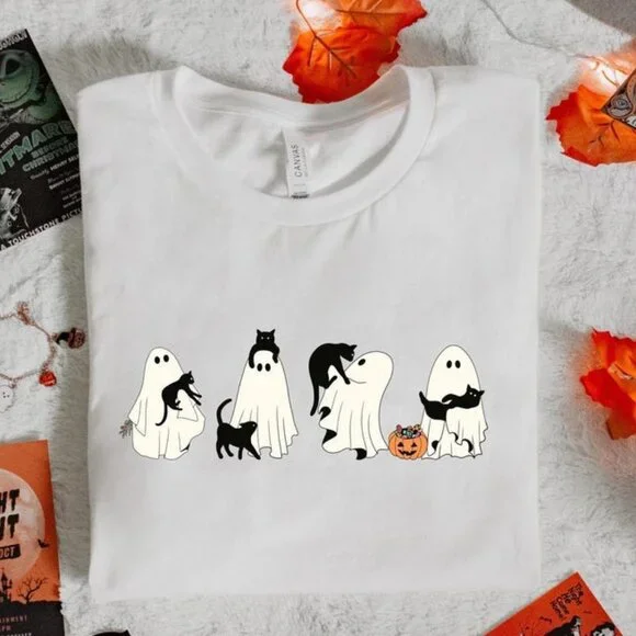 Halloween Black Cat & Ghost Shirt, Cute Ghost and Cat Tee - Picture 1 of 4